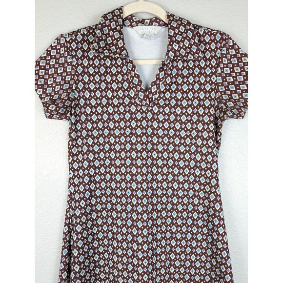 EXPRESS 90S VINTAGE VTG COLLARED MINI DRESS 70s Brown Retro S Y2K - Picture 4 of 9